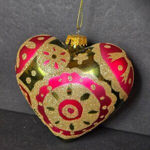 Vintage Red And Gold Glitter Heart Ornament Hand Decorated 5 Inch Christmas